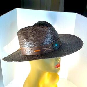 Scala Brown Straw Western Hat with Leather Band and Turquoise Concho